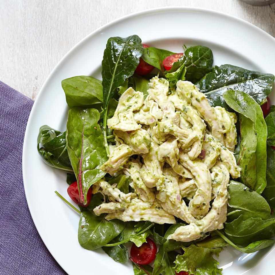 creamy pesto chicken salad with greens