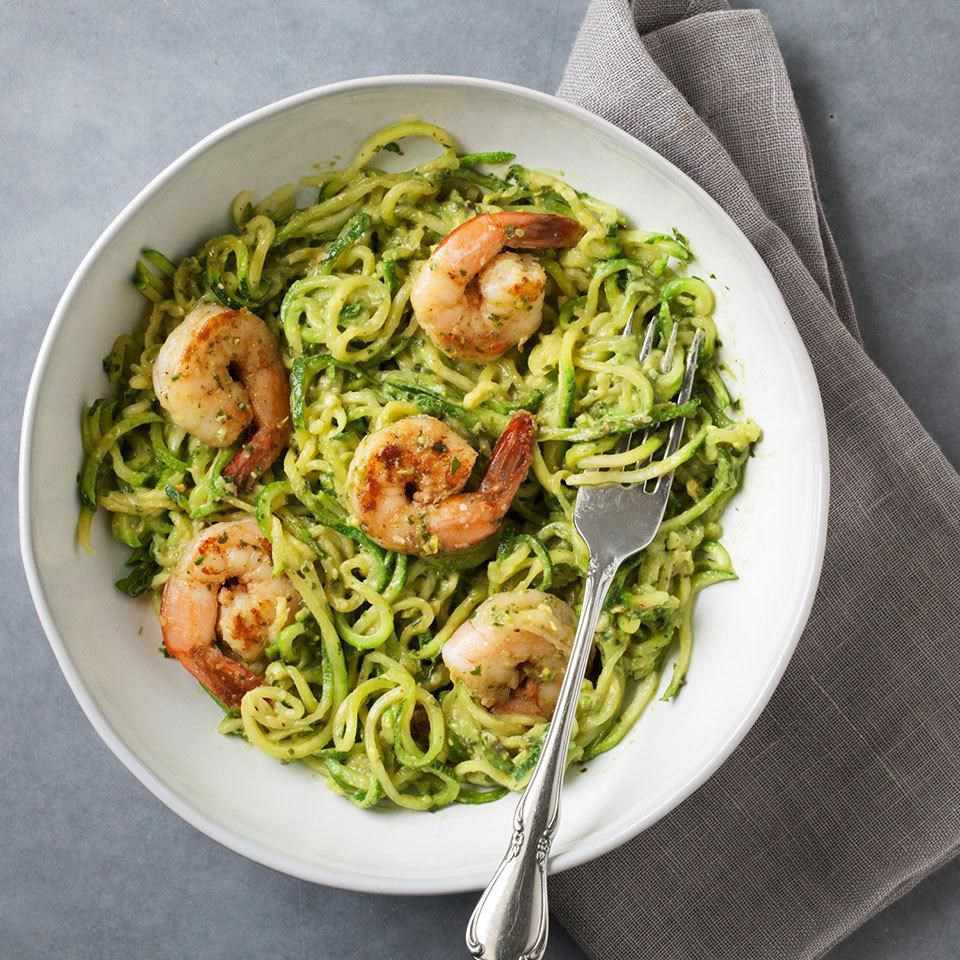 Zucchini Noodles with Avocado Pesto Shrimp