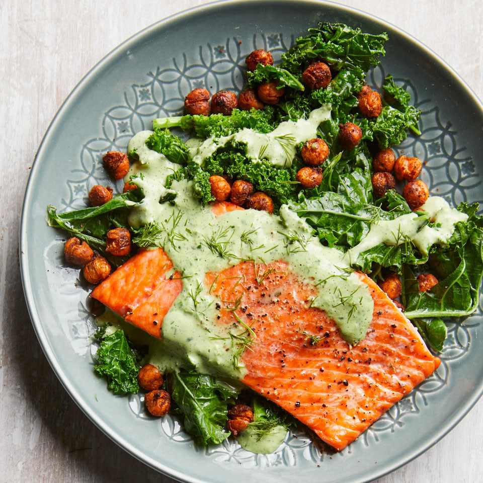 Roasted Salmon with Smoky Chickpeas & Greens