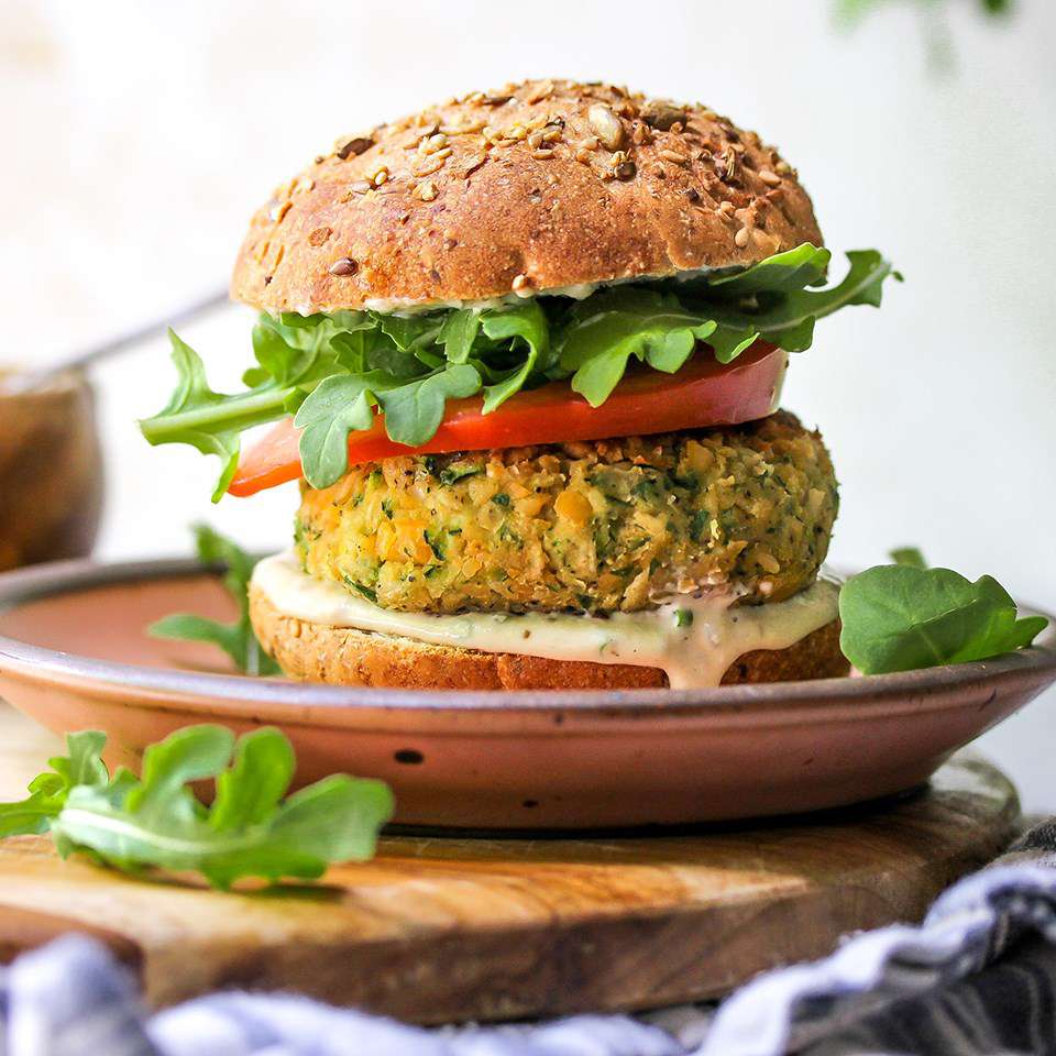 Zucchini-Chickpea Veggie Burgers with Tahini-Ranch Sauce