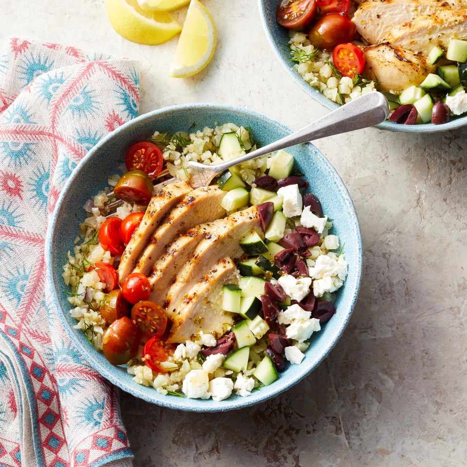 Greek Cauliflower Rice Bowls with Grilled Chicken