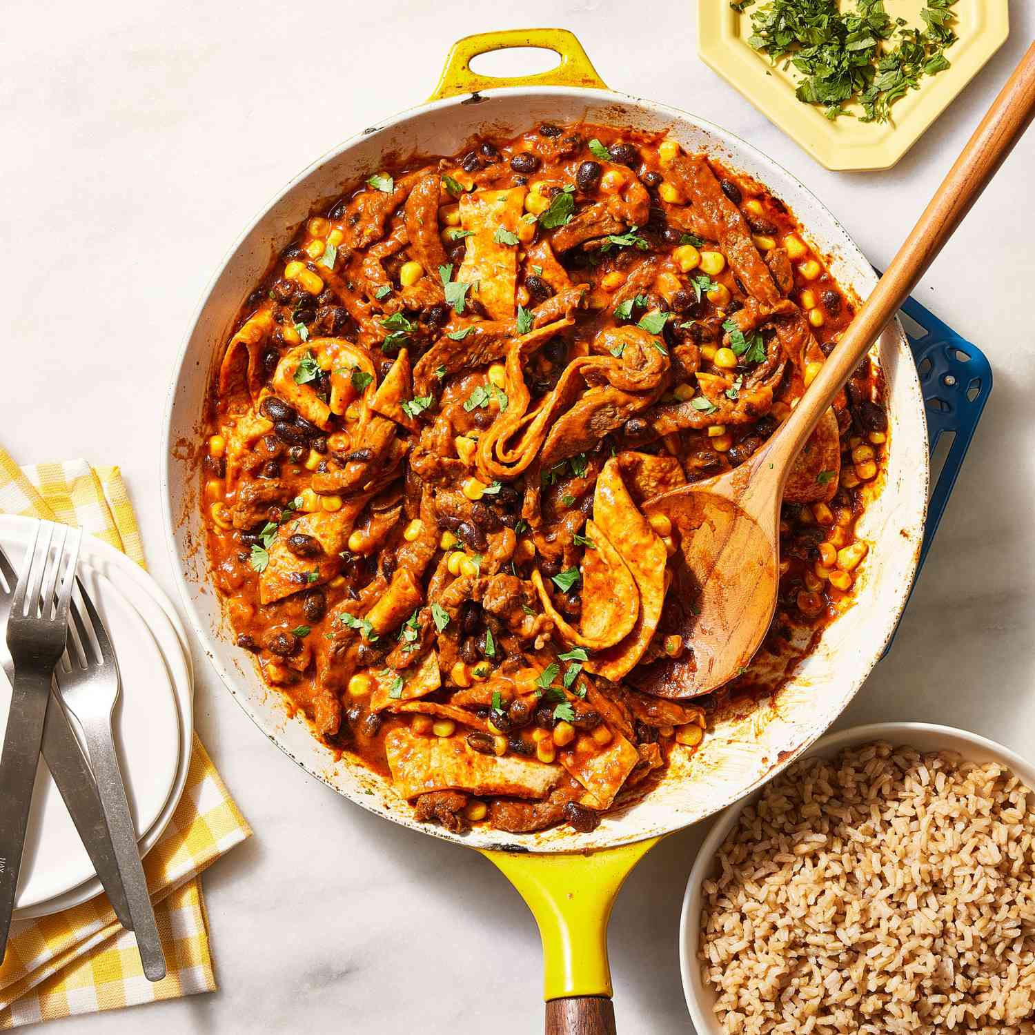 a recipe photo of the Steak Enchilada Skillet