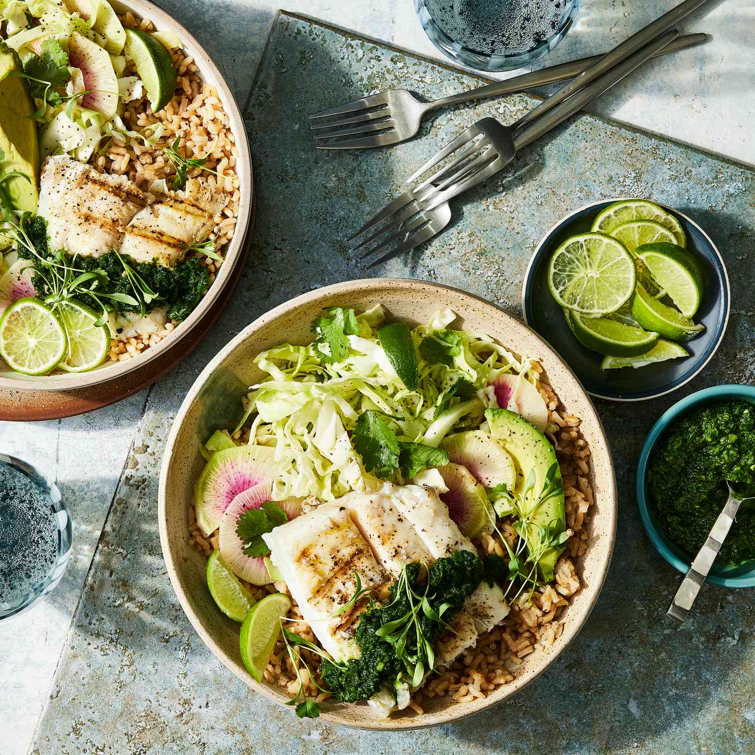 a recipe photo of the Fish Taco Bowls with Green Cabbage Slaw