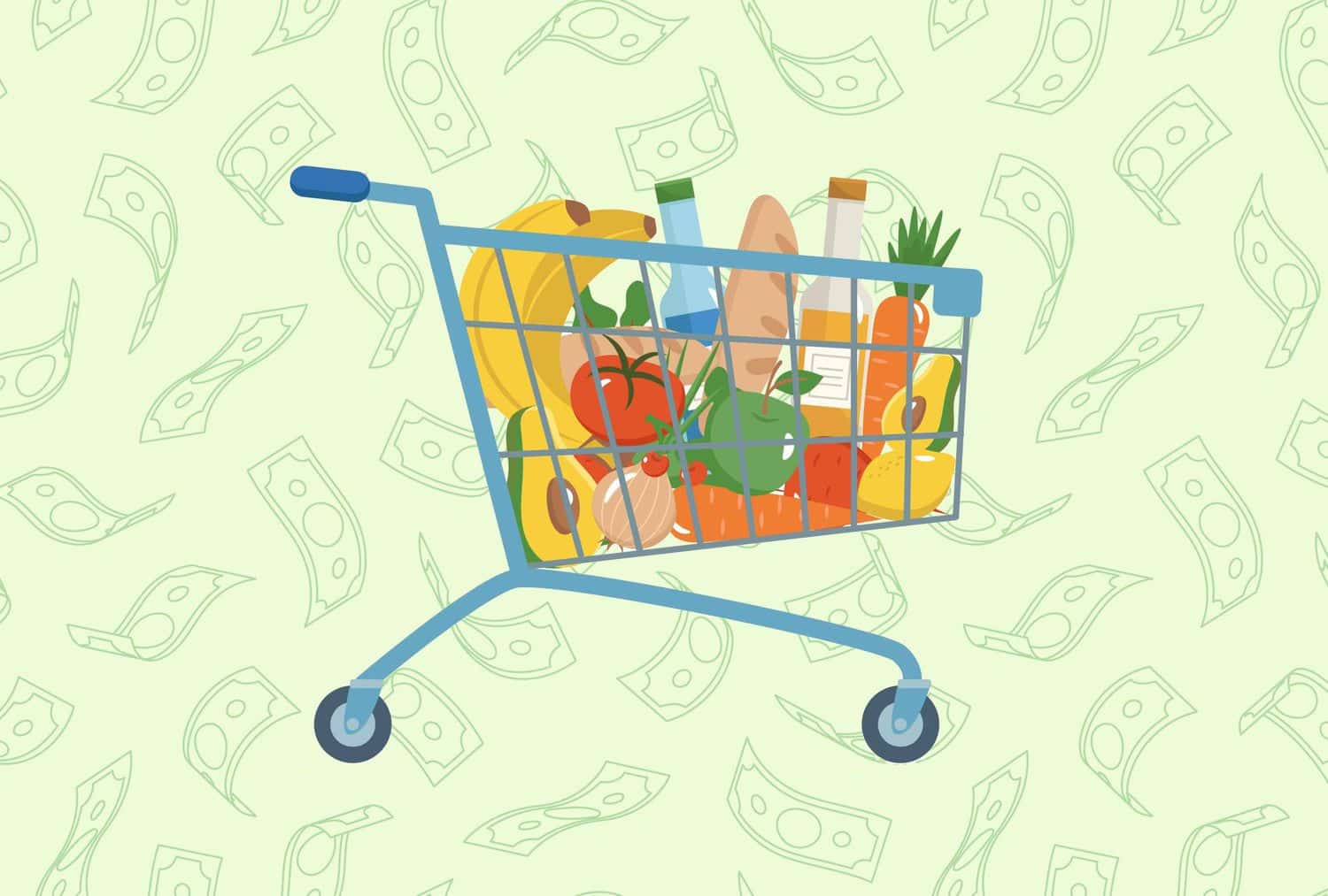 an illustration of a grocery store cart filled with food and dollar signs behind it