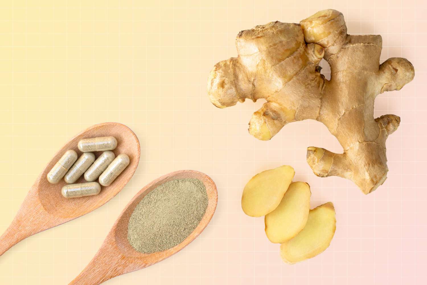 a photo of ginger supplements, extract, and ginger itself