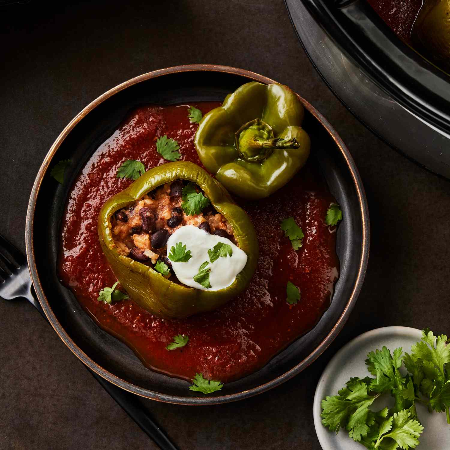 a recipe photo of the Slow-Cooker Black Bean & Brown Rice Stuffed Peppers