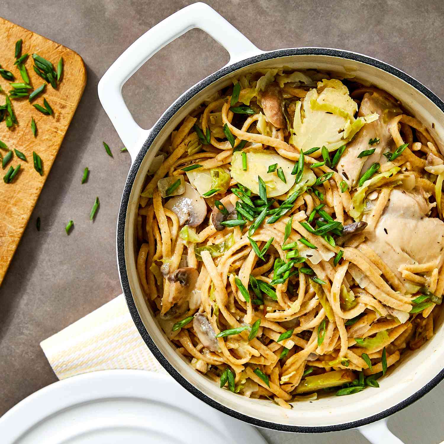 Creamy Chicken, Brussels Sprouts & Mushrooms One-Pot Pasta