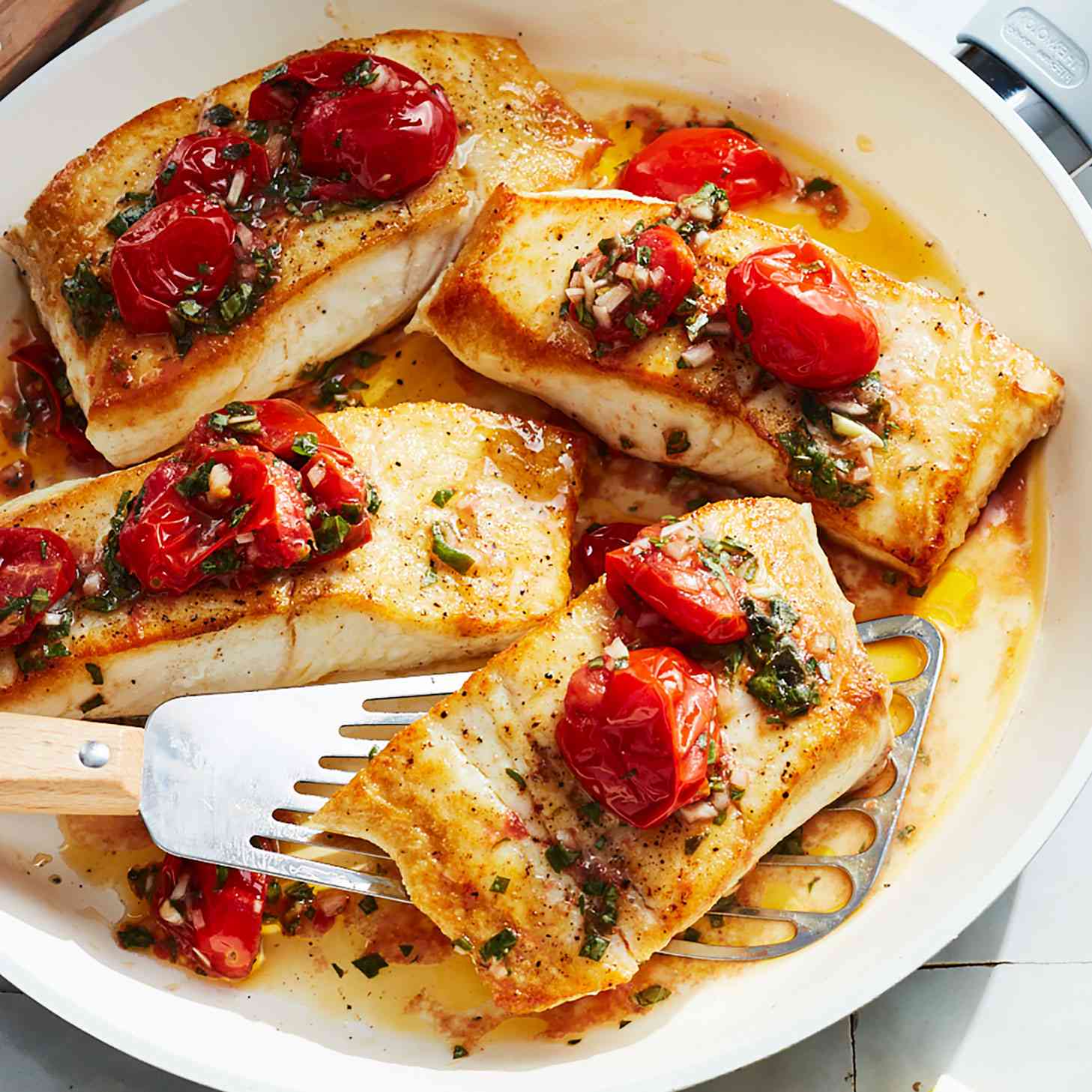 Pan-Seared Fish with Basil Oil & Cherry Tomato Vinaigrette