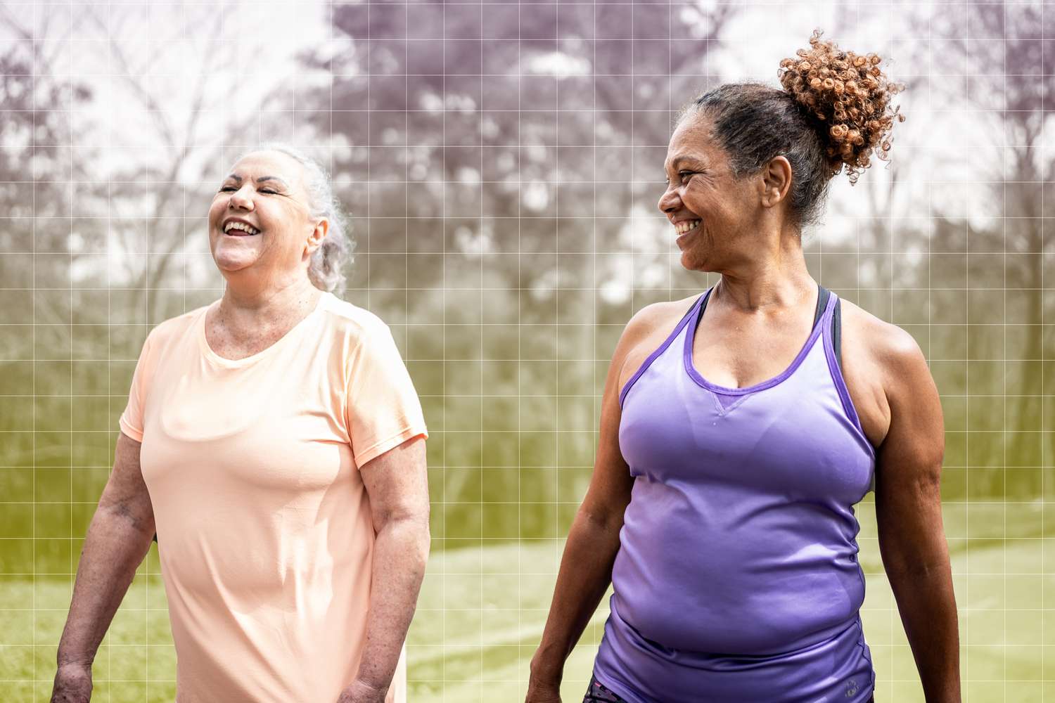 a photo of two older women outside walking in exercise attire 