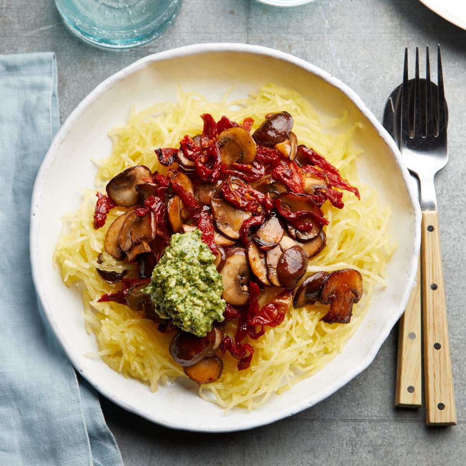 Vegan Pesto Spaghetti Squash with Mushrooms and Sun-Dried Tomatoes